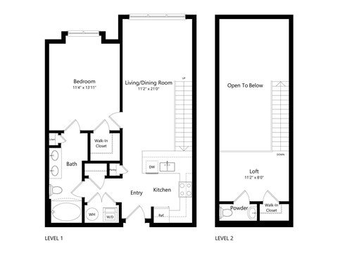 A floor plan of a two level apartment with a living room, bedroom, bathroom and kitchen.